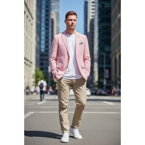 Talia Mens Slim Fit Seersucker Blazer Pink White Stripe Sport Coat VVCO1THY0112